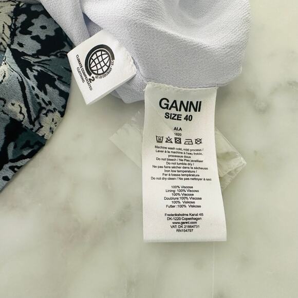 GANNI Elm Georgette Mini Dress Blue Floral Size 40 Long Sleeve Modest Viscose - Picture 11 of 13